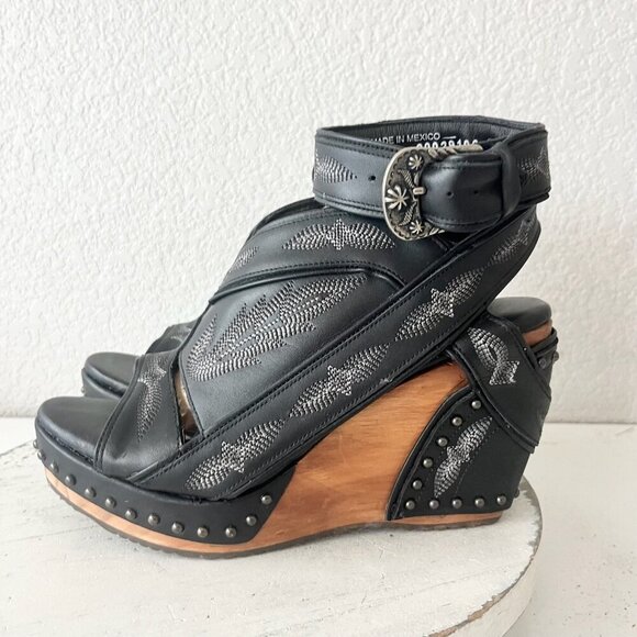 Lane Boots LEXINGTON Womens Black Wedges 9 Western Sandals Cowgirl Wooden Heel - Picture 4 of 11